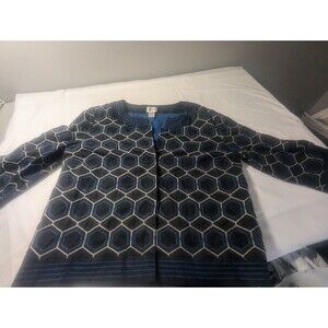 Chico's Women's Size 2 Blazer Sweater Blue Geometric 3/4 Sleeve Cotton